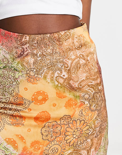Reclaimed Vintage satin midi skirt in summer paisley print