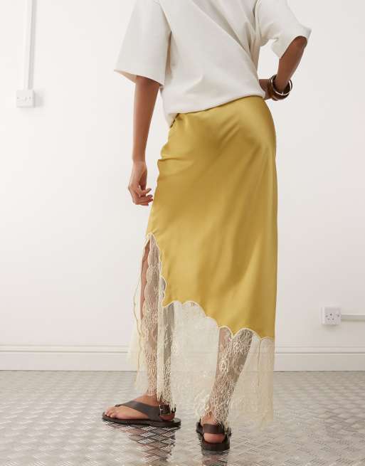 Reclaimed Vintage satin midi skirt with asymmetric hem and lace panel in gold, 4 of 5