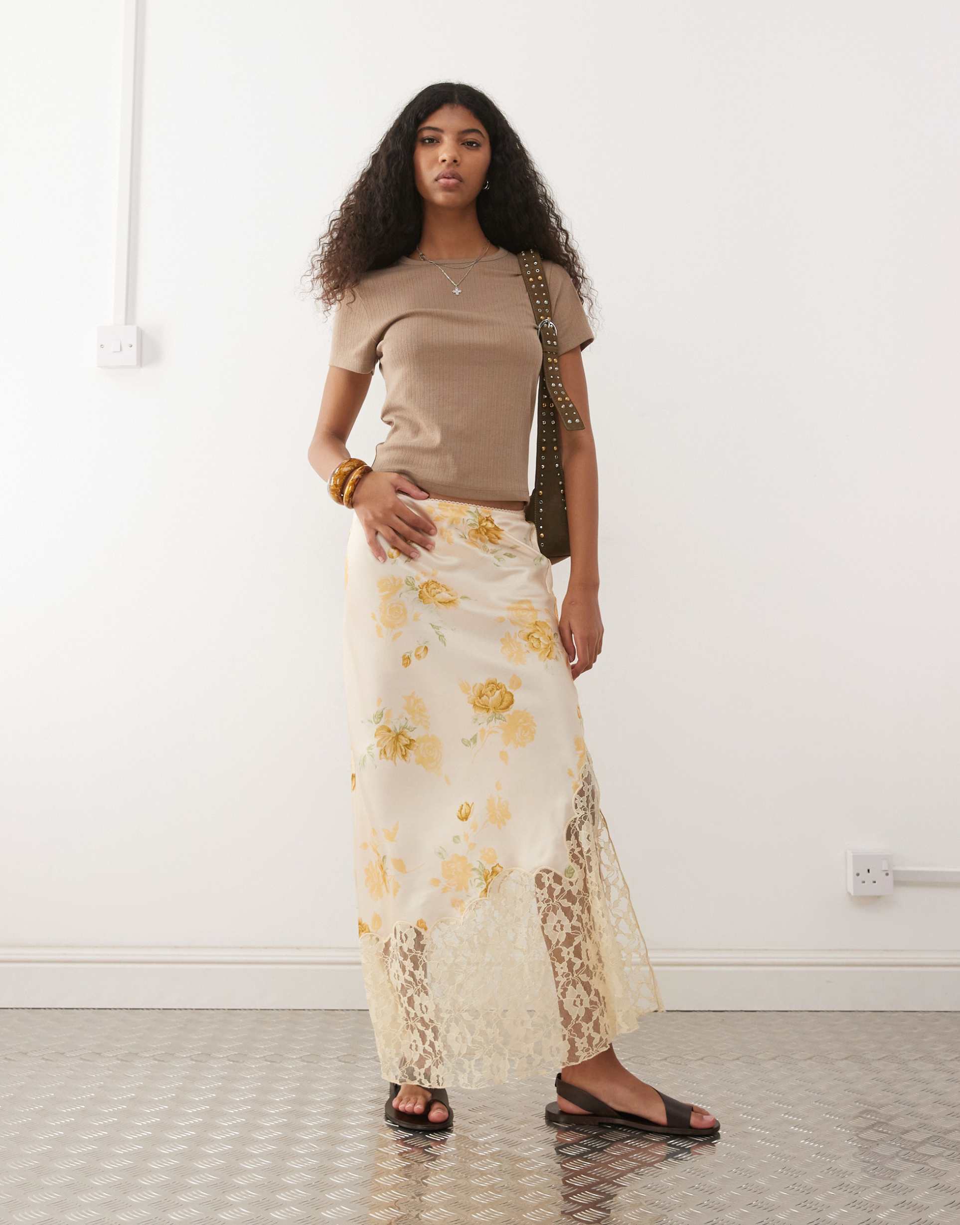 reclaimed vintage satin midi skirt with asymmetric hem and lace panel in yellow floral print