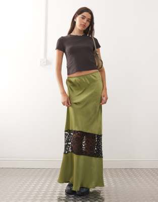 Reclaimed Vintage Satin Midi Skirt With Lace In Green