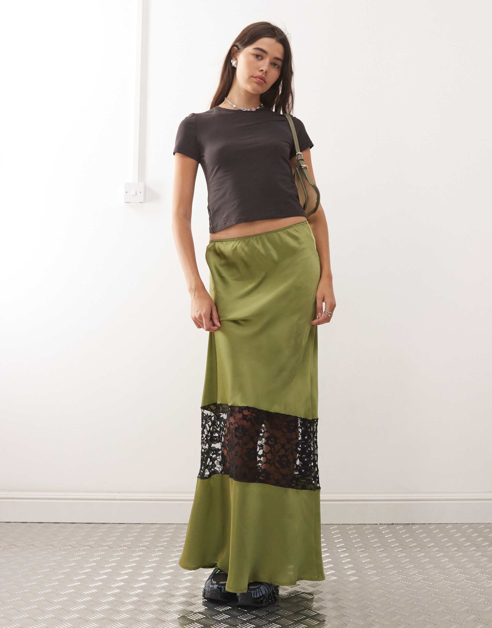 reclaimed vintage satin midi skirt with lace in khaki green