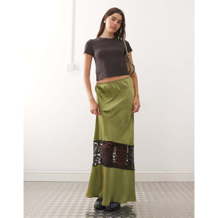 Reclaimed Vintage satin midi skirt with lace insert in olive green