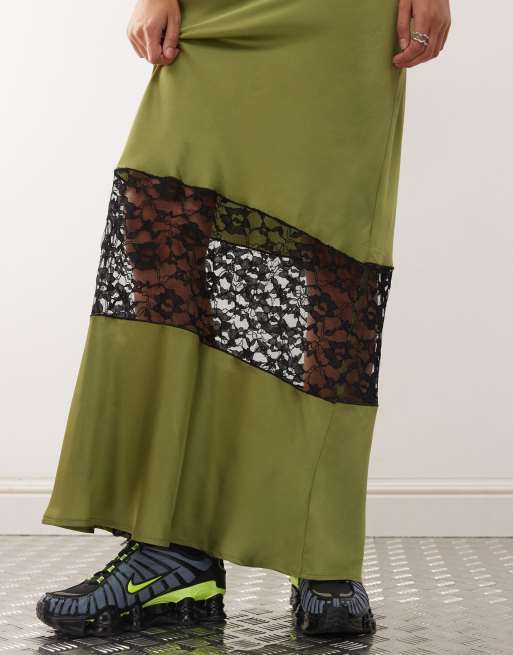 Reclaimed Vintage satin midi skirt with lace insert in olive green, 2 of 5
