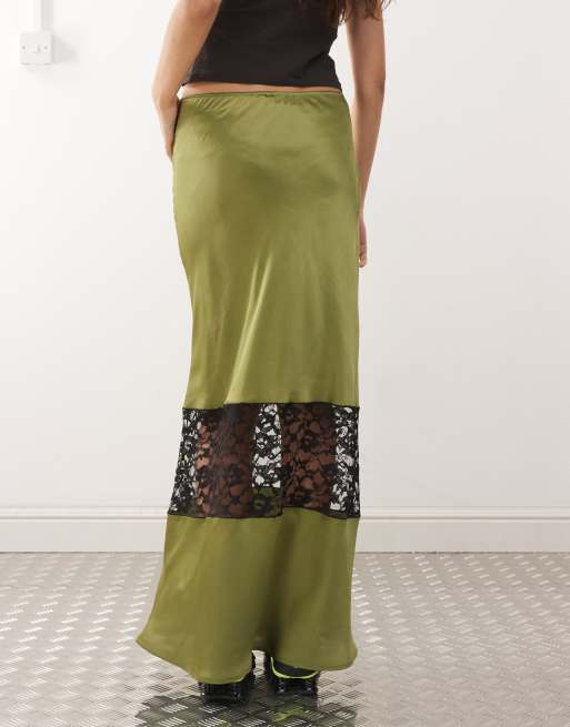 Reclaimed Vintage satin midi skirt with lace insert in olive green, 3 of 5