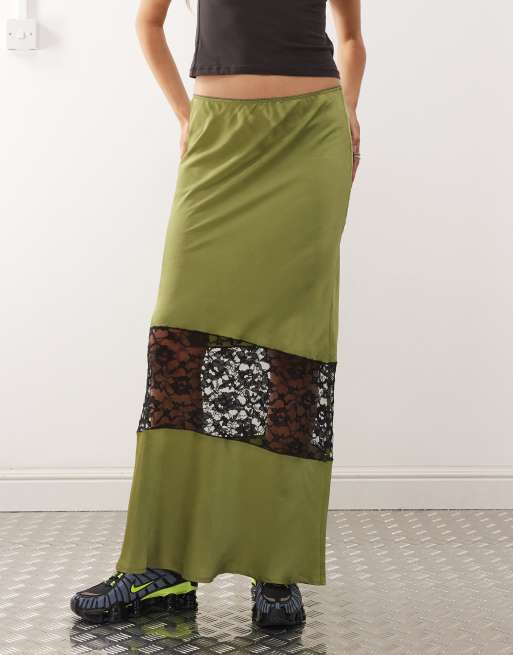 Reclaimed Vintage satin midi skirt with lace insert in olive green, 5 of 5