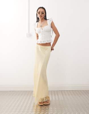 satin midi skirt with lace trim in buttermilk yellow-White