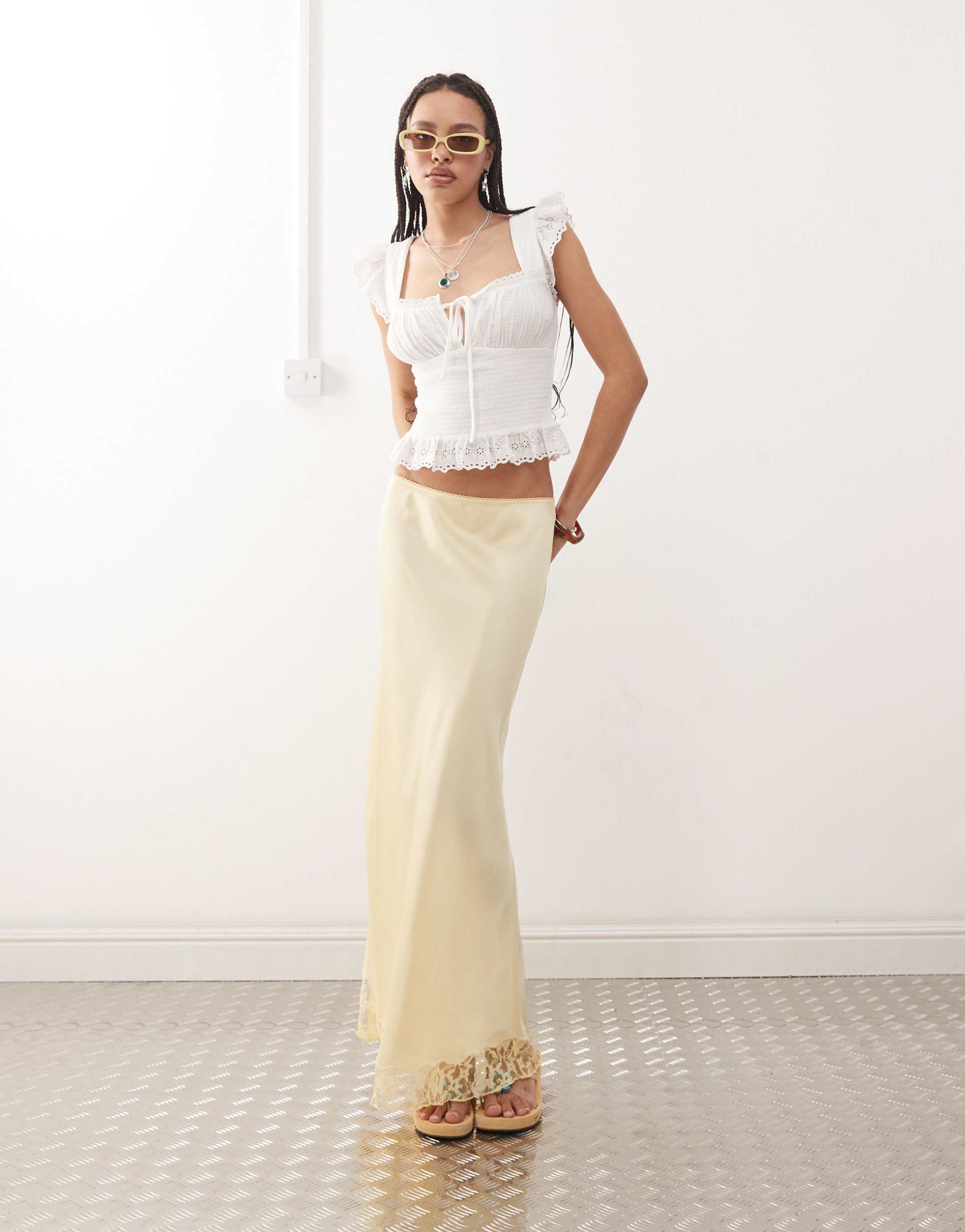 reclaimed vintage satin midi skirt with lace trim in buttermilk yellow