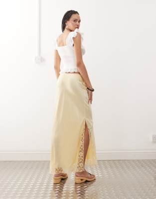 Reclaimed Vintage satin midi skirt with lace trim in buttermilk yellow
