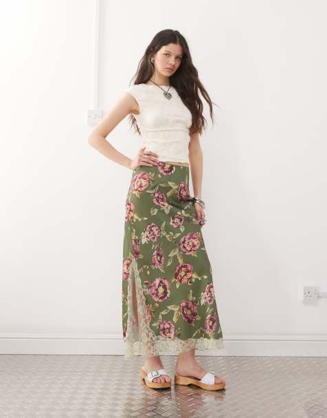 Reclaimed Vintage satin midi skirt with lace trim in green floral print - view 1