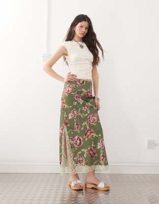 reclaimed vintage satin midi skirt with lace trim in green floral print