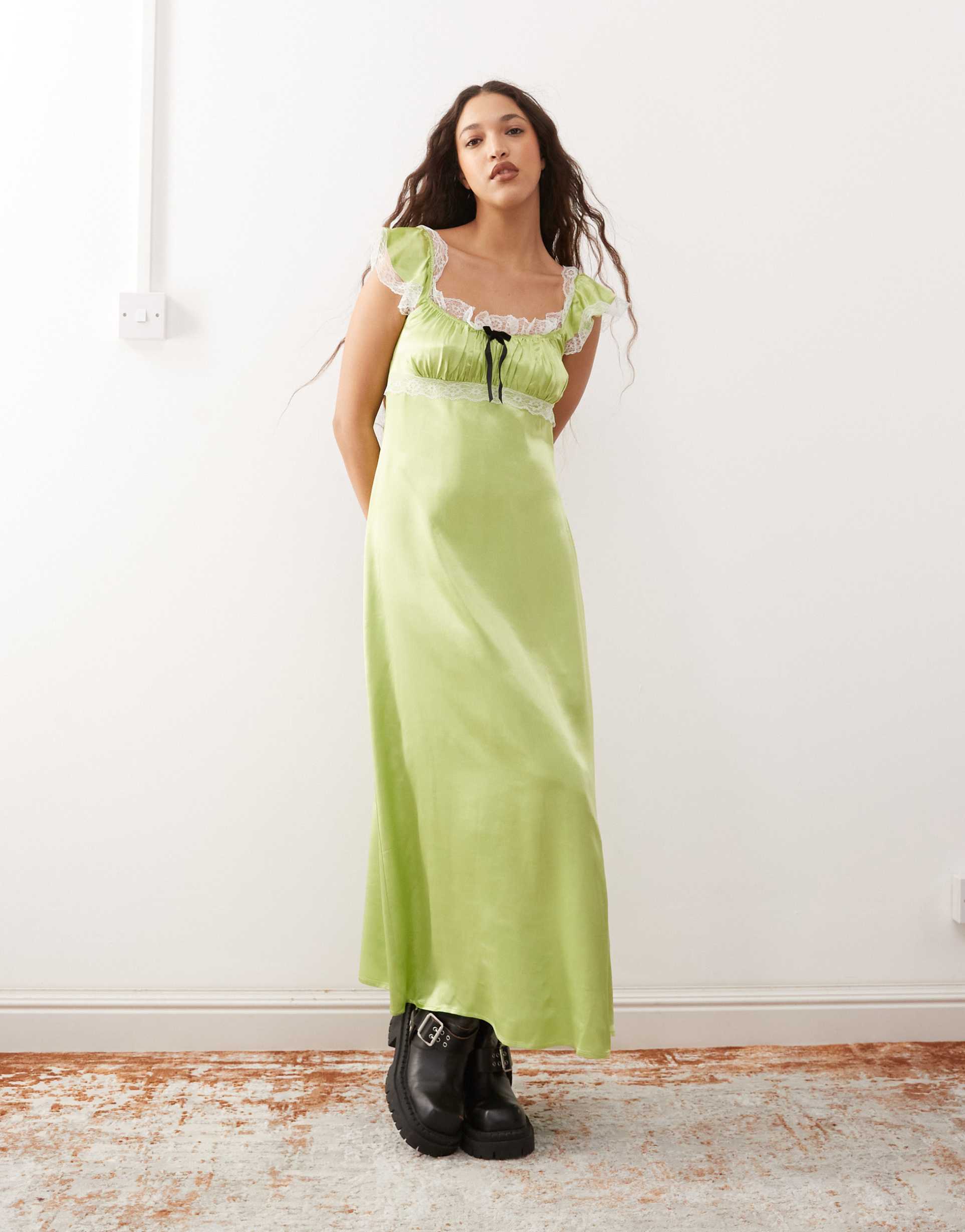 reclaimed vintage satin midi tea dress in green