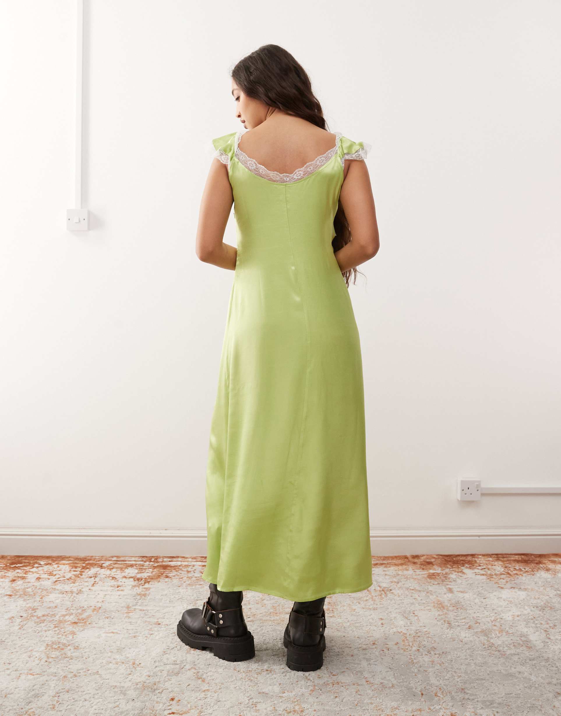 reclaimed vintage satin midi tea dress in green