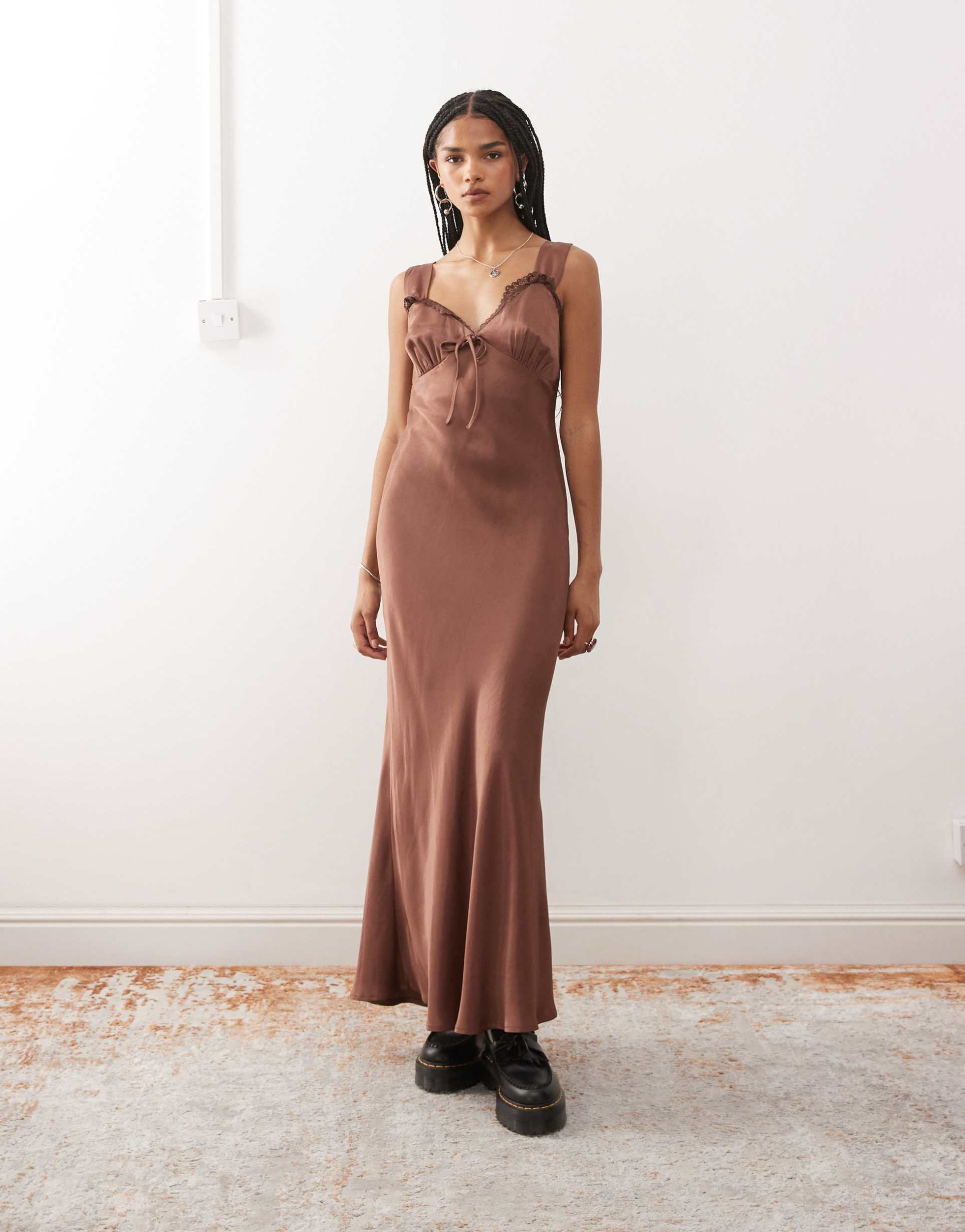reclaimed vintage satin midi tea dress with lace trim in chocolate brown