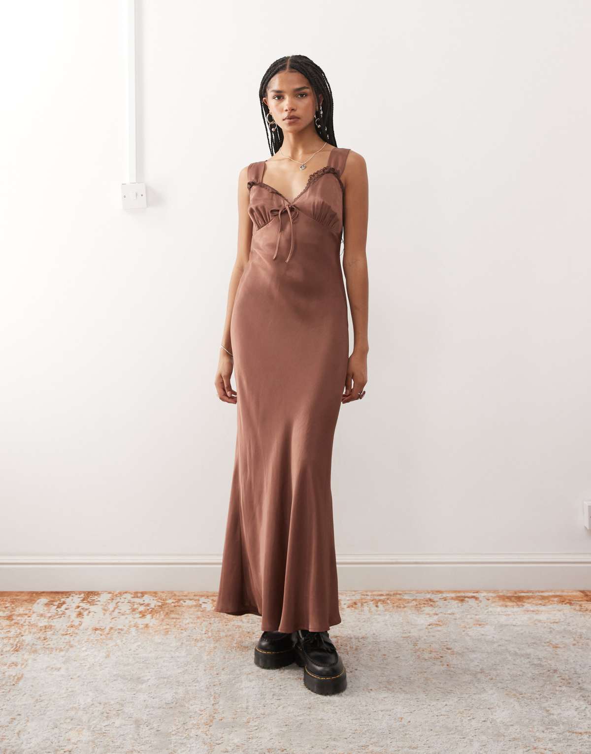 Reclaimed Vintage satin midi tea dress with lace trims in chocolate brown