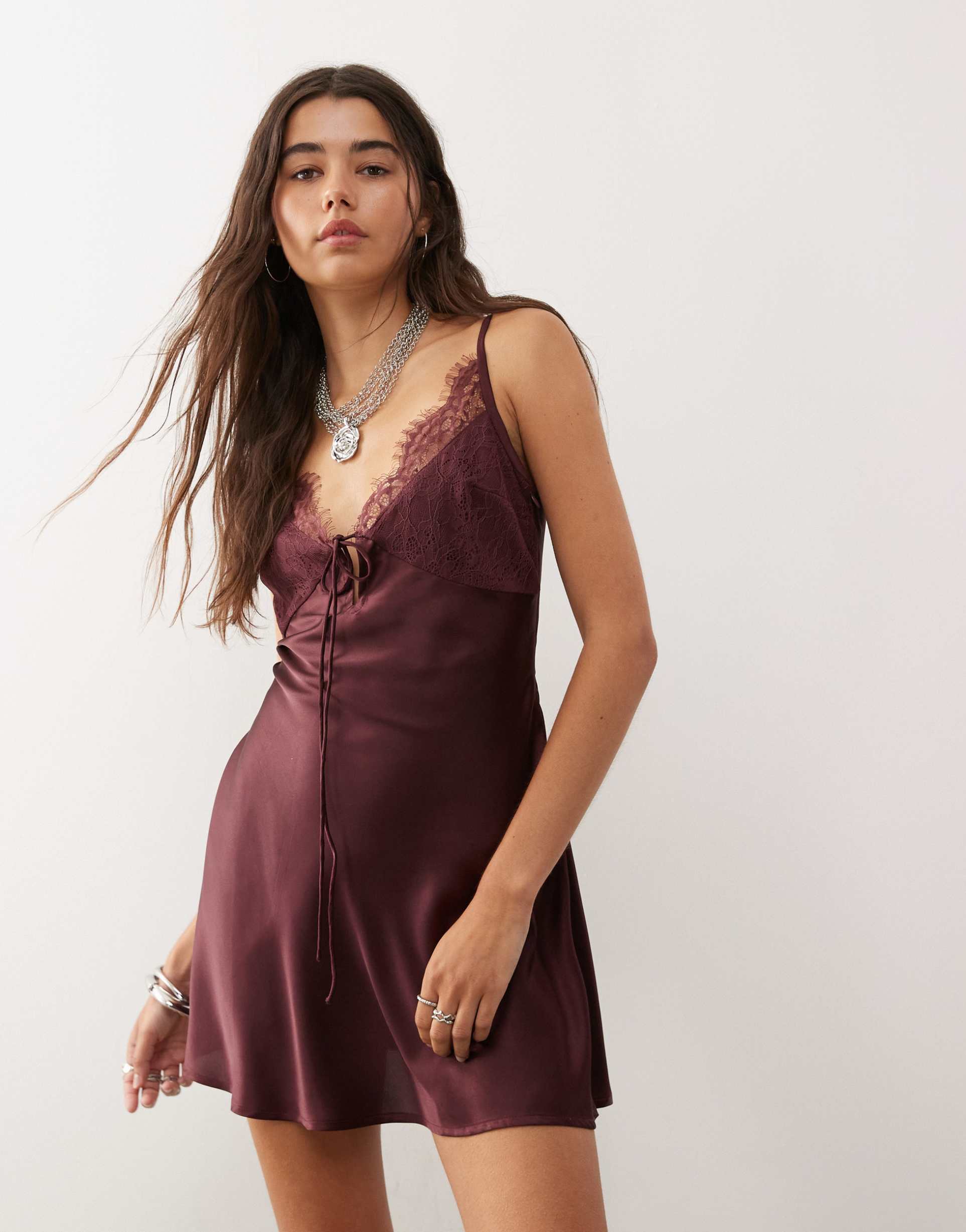 reclaimed vintage satin mini dress with lace trim and tie front in deep burgundy red