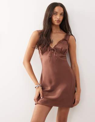 satin mini dress with lace trim in brown