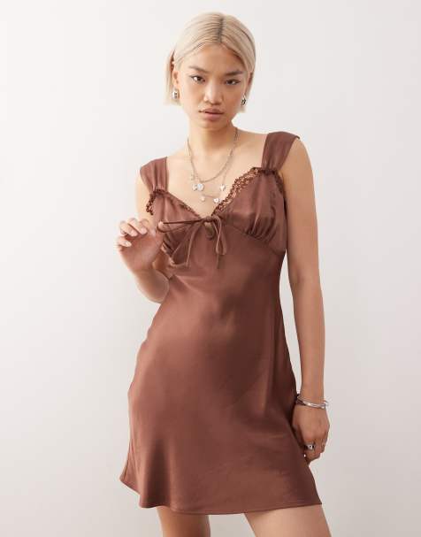Reclaimed Vintage satin mini dress with lace trim in brown - view 1