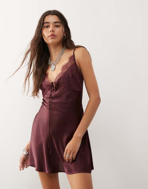 Reclaimed Vintage satin mini dress with lace trims and tie front in deep burgundy red - view 1