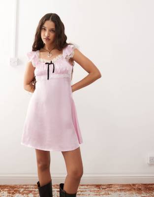 Reclaimed Vintage Reclaimed vintage satin mini tea dress in pastel pink-Purple