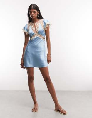 Reclaimed Vintage Satin Mini Tea Dress With Contrast Lace Inserts In Green