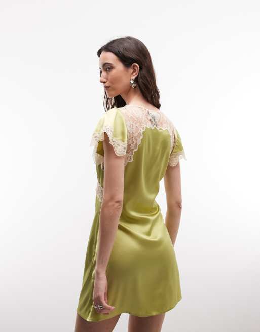Reclaimed Vintage satin mini tea dress with contrast lace inserts in pistachio, 3 of 4