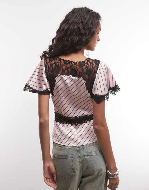 Reclaimed Vintage satin- och spets-topp i randigt, 4 av 4