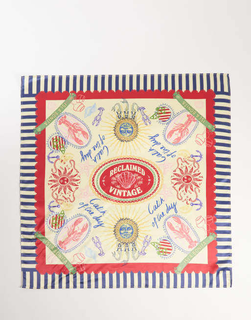 Reclaimed Vintage satin oversized headscarf with holiday print and stripe border in yellow and red, 3 of 3