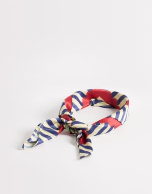 Reclaimed Vintage Satin Oversized Headscarf With Vacation Print And Stripe Border In Blue
