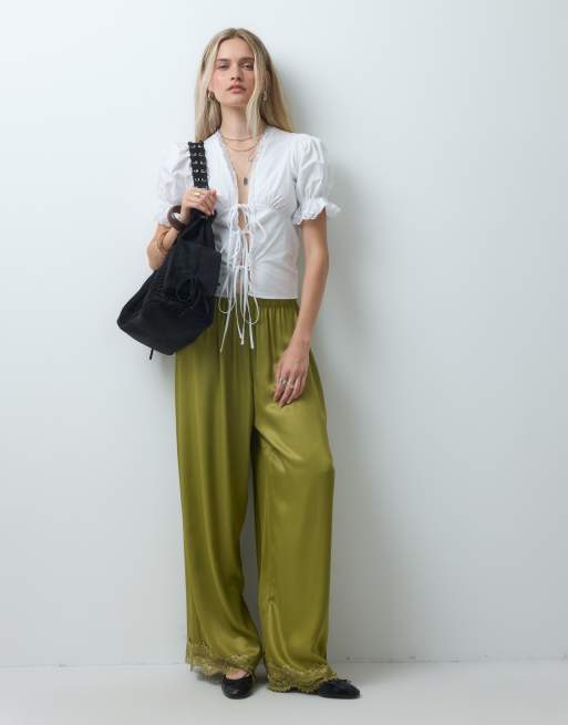 Reclaimed vintage satin pant with lace trim in olive khaki, 1 of 5