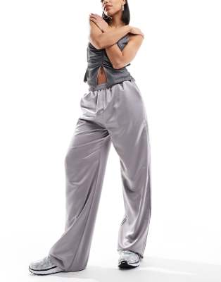 satin pull on pants in silver