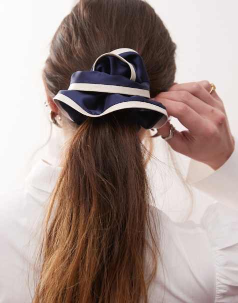 Reclaimed Vintage satin scrunchie with contrast trim in navy - view 1