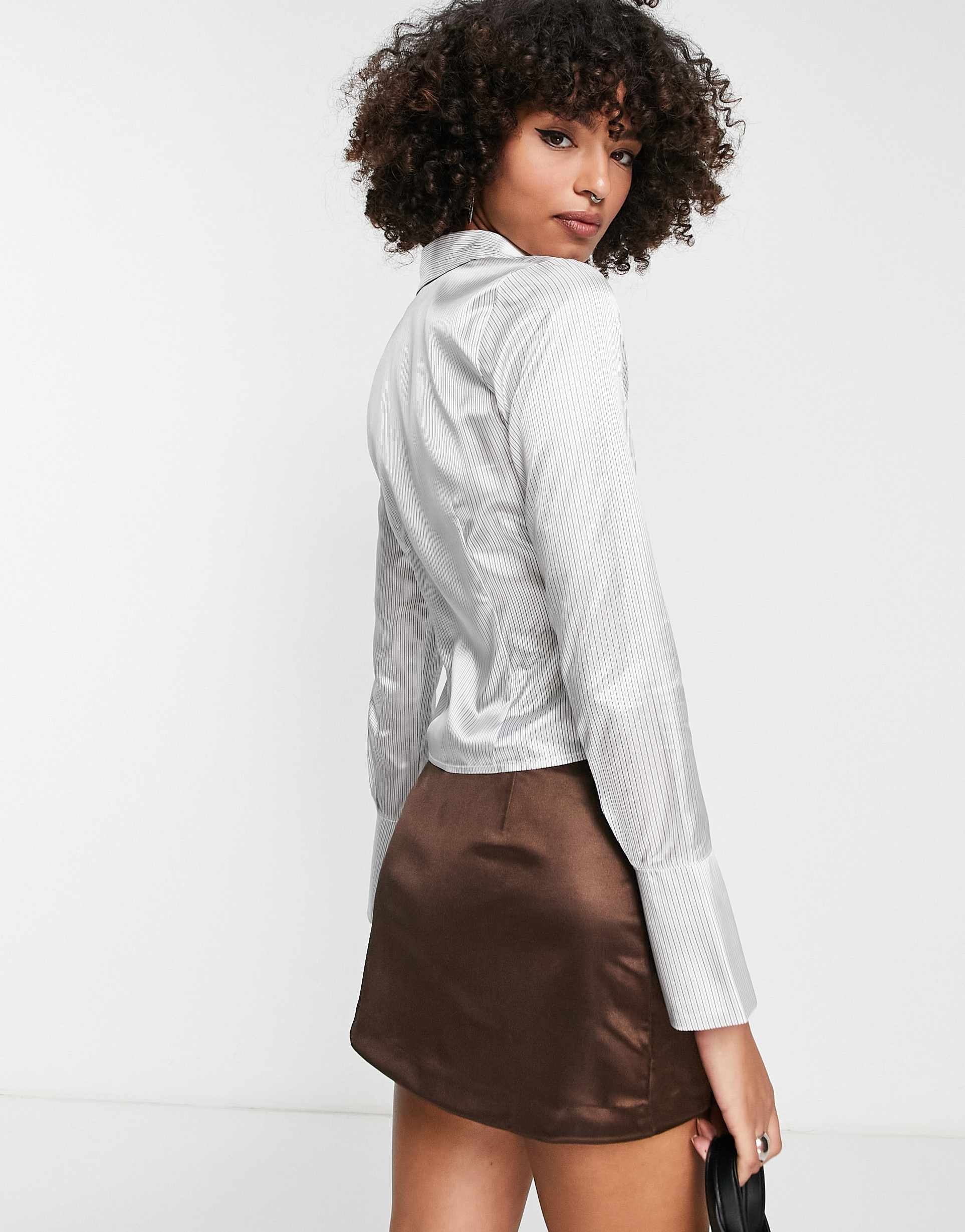 Reclaimed Vintage satin shine pinstripe shirt in silver view 4