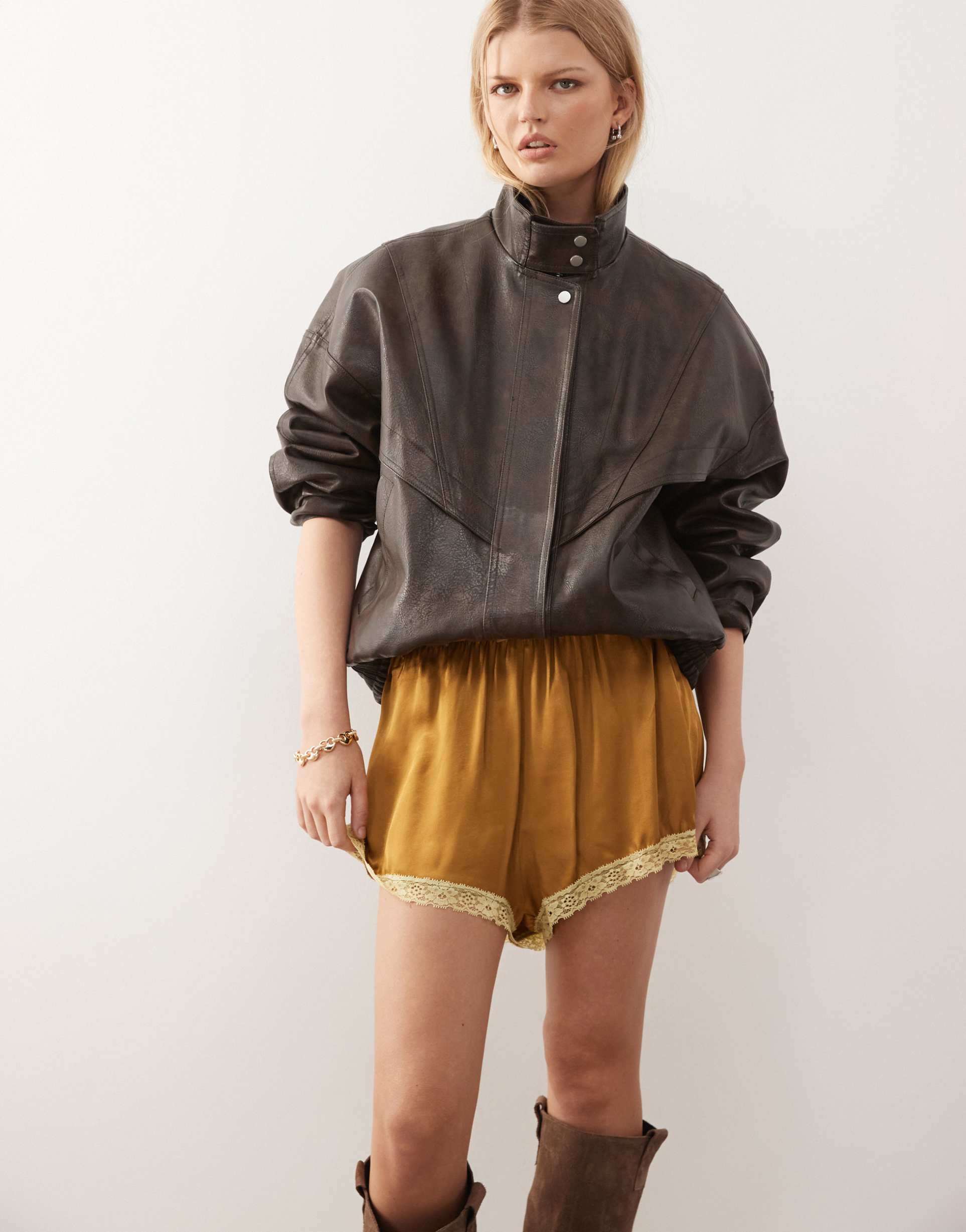 reclaimed vintage satin shorts with lace trim in mustard and green