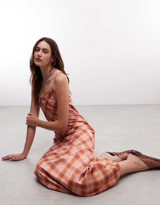 Reclaimed Vintage satin slip dress in check, 3 of 4