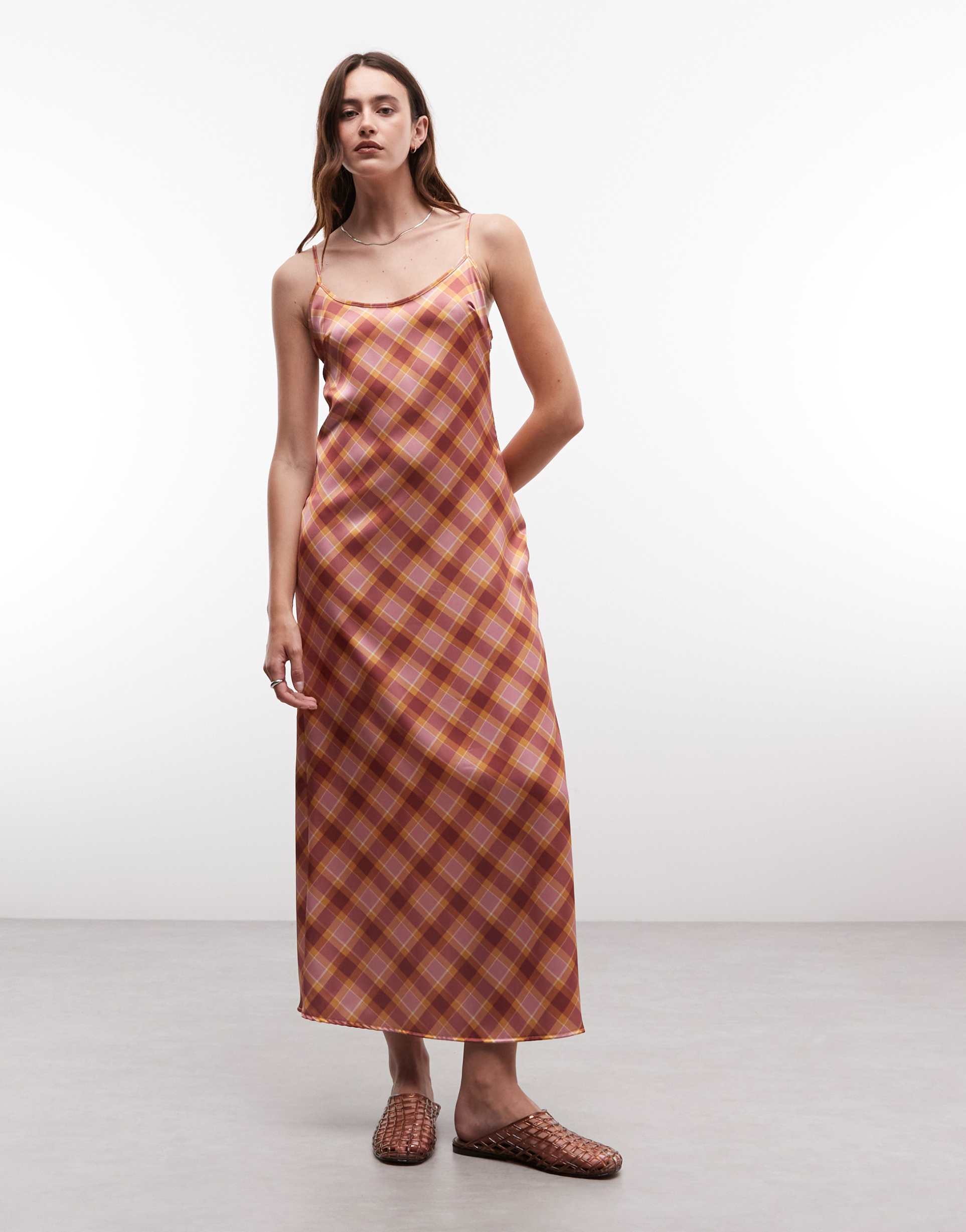 reclaimed vintage satin slip dress in plaid