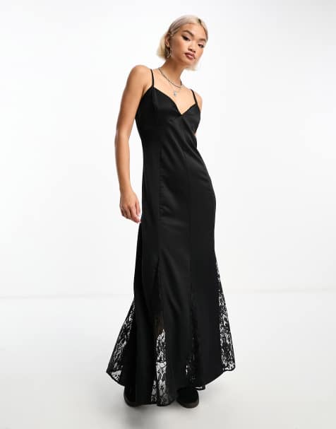 Reclaimed Vintage satin slip dress with lace inserts in black - view 1
