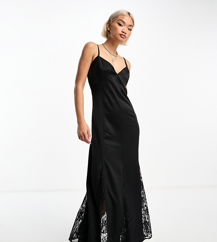 Reclaimed Vintage satin slip dress with lace inserts in black