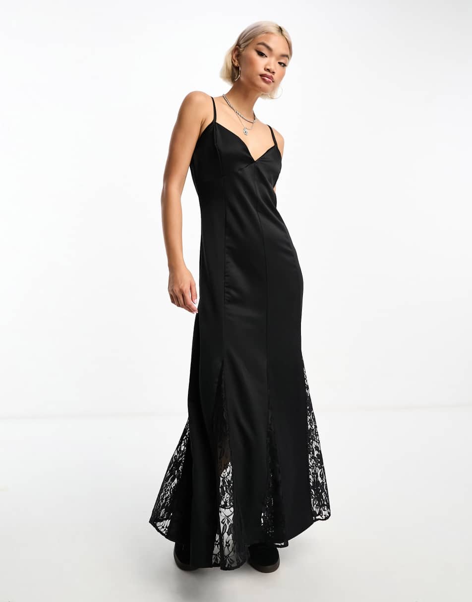 Reclaimed Vintage satin slip dress with lace inserts in black