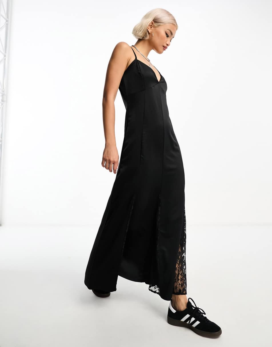 Reclaimed Vintage satin slip dress with lace inserts in black 2