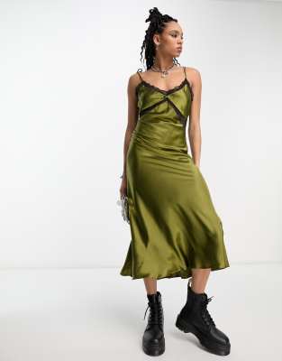 Reclaimed Vintage satin slip midi dress in khaki with black lace