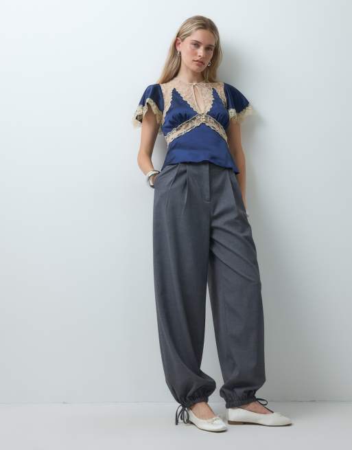 Reclaimed vintage satin tea top with contrast lace trim, 2 of 4