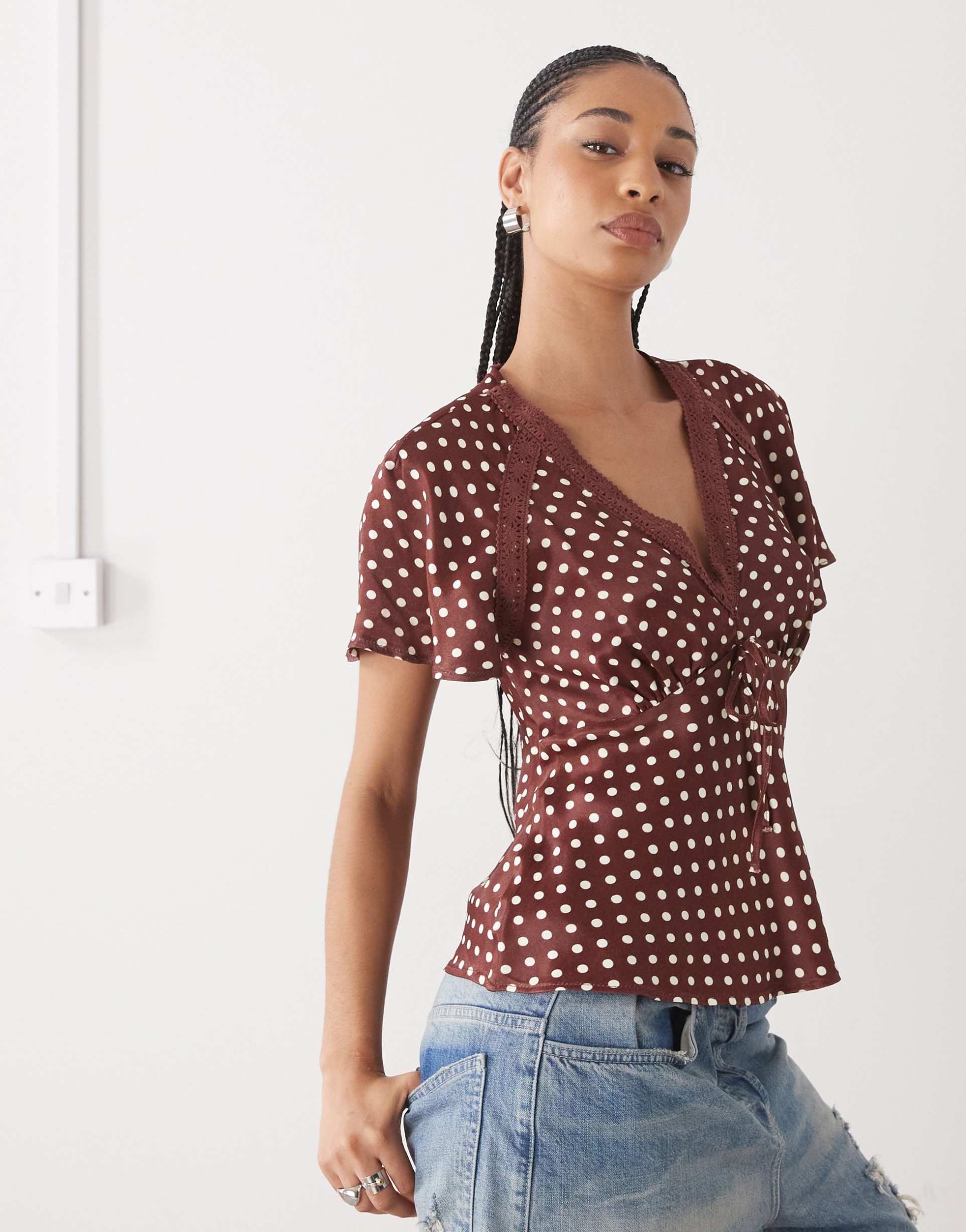 reclaimed vintage satin tea top with flutter sleeves and lace in brown polka dot