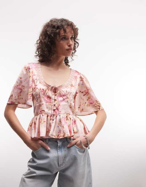 Reclaimed Vintage satin tea top with lace trims in floral print