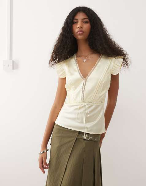 Reclaimed Vintage satin tea top with pintucks and lace trims in butter yellow - view 1