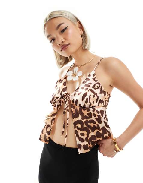 Reclaimed Vintage satin tie front cami in leopard print - view 1