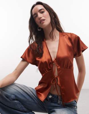 Reclaimed Vintage Satin Tie Front Top In Orange