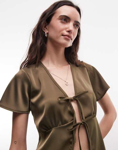 Reclaimed vintage satin tie front top in olive - view 1