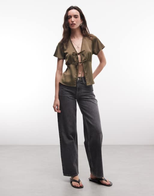 Reclaimed Vintage Satin-Top mit Bindung vorn in Oliv, 3 von 4