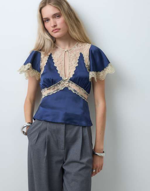 Reclaimed Vintage Satin-Top mit kontrastierender Spitzenborte, 1 von 4