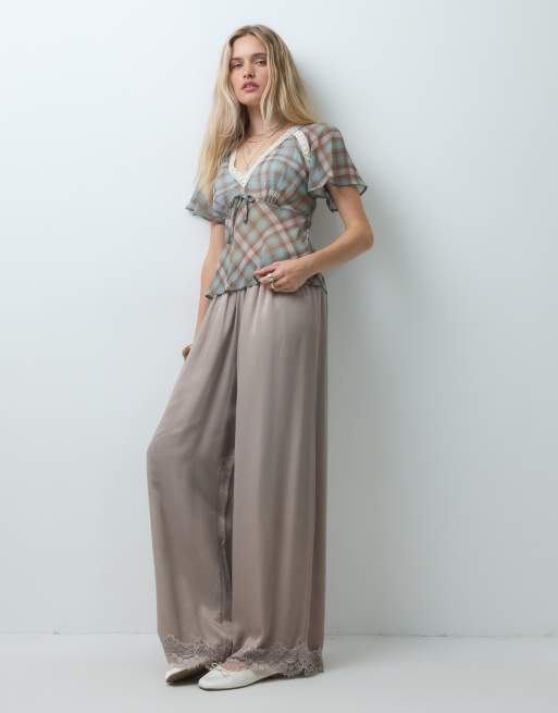 Reclaimed vintage satin trouser with lace trim in mushroom, 1 of 5